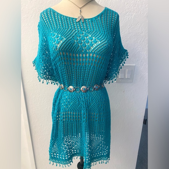 Teal Crochet Swim Coverup - Picture 1 of 9